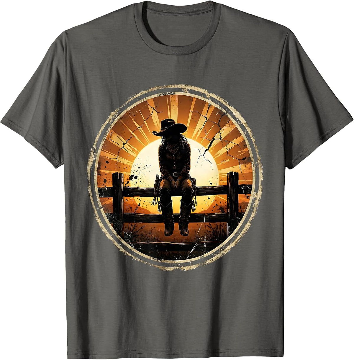 Cowgirl Sitting on Fence at Dusk Illustration T-Shirt - Asphalt Grey