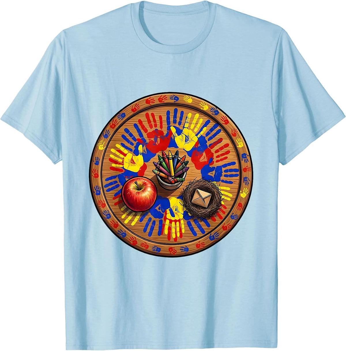 Men's 2nd Grade Teacher Handprint Art Desk Design T-Shirt - Baby Blue