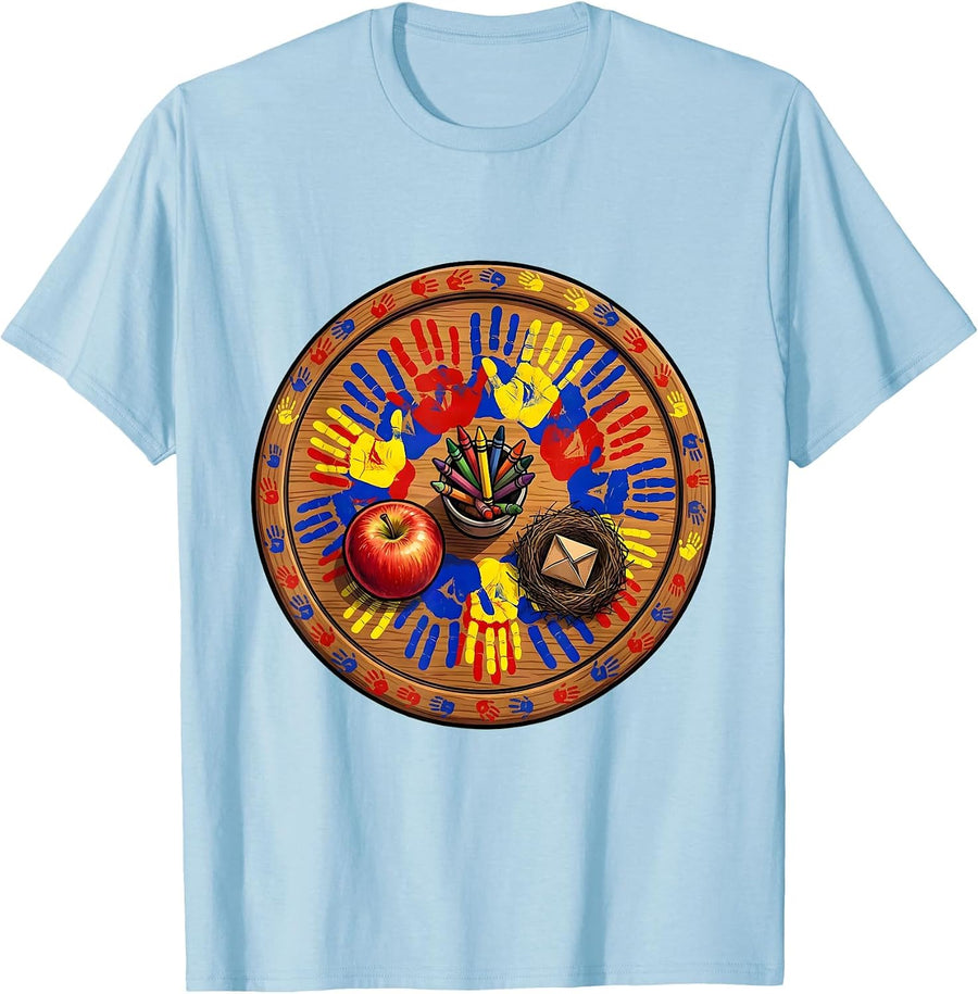 Men's 2nd Grade Teacher Handprint Art Desk Design T-Shirt - Baby Blue