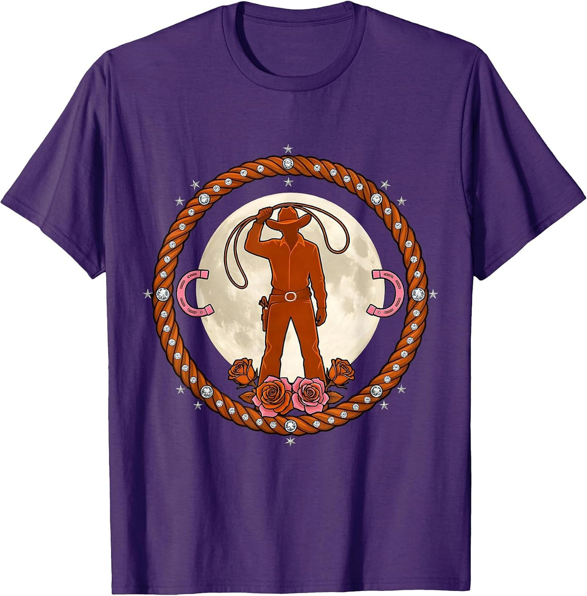 Cowgirl Silhouette Harvest Moon Western Graphic T-Shirt - Purple