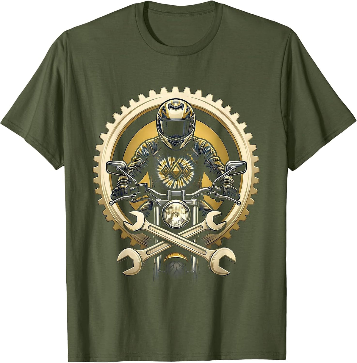 Men's Tie Dye Biker Rider Motorcycle Graphic Tee T-Shirt - Olive Green