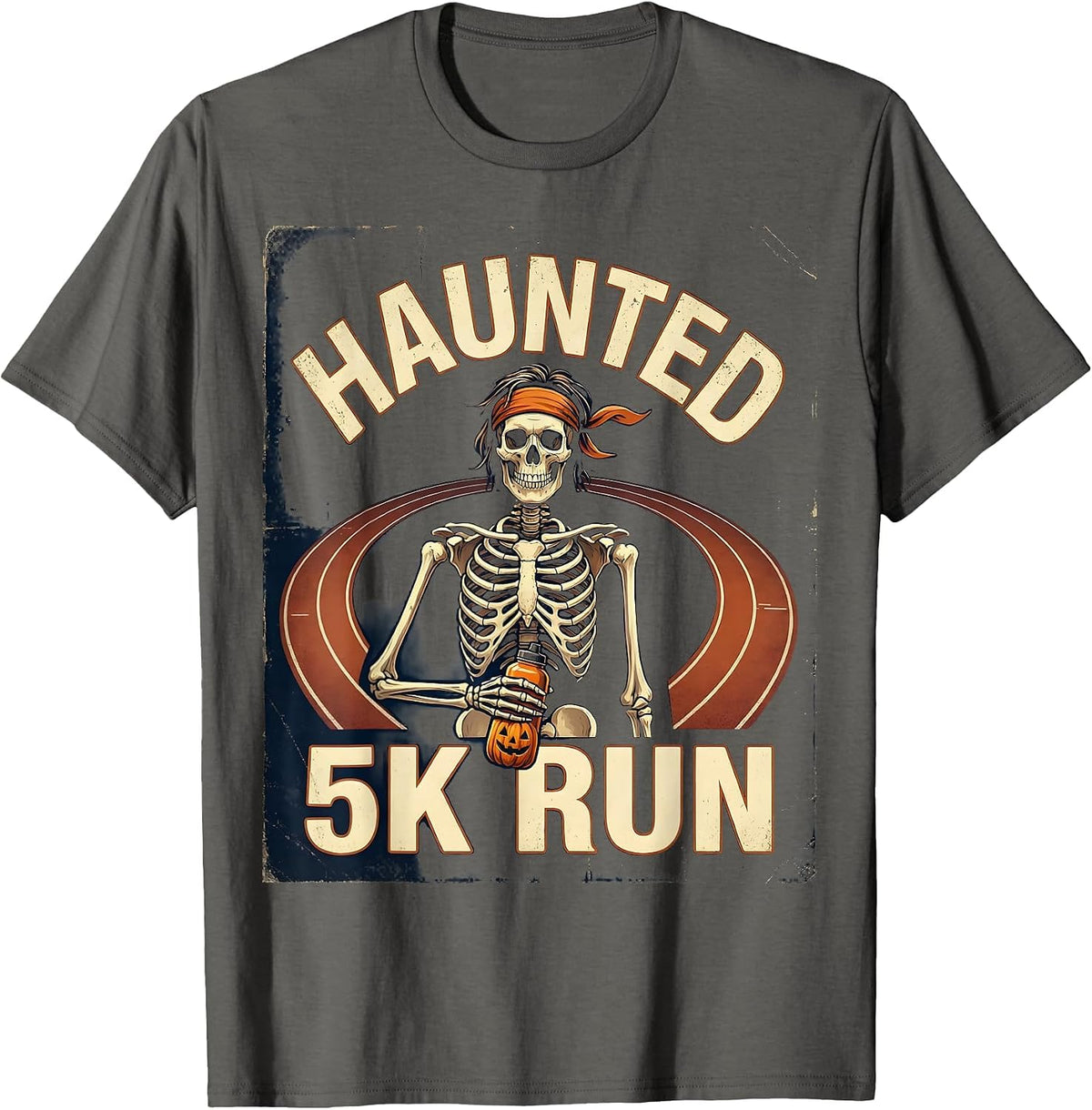 Haunted 5K Run Vintage Skeleton Funny Halloween 5K Runner T-Shirt - Asphalt Grey