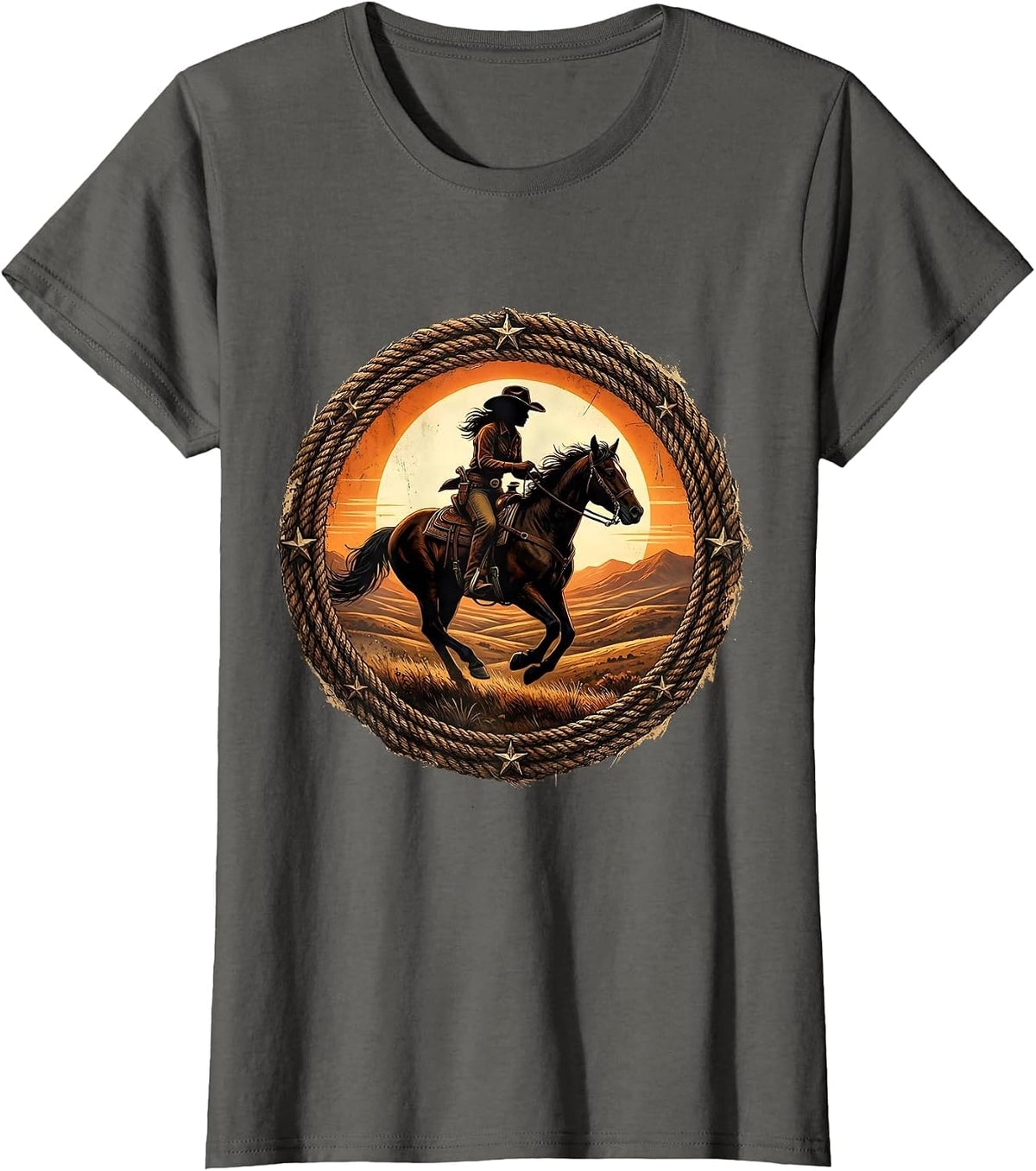 Women's Cowgirl Silhouette Riding Horse at Dusk T-Shirt - Asphalt Grey