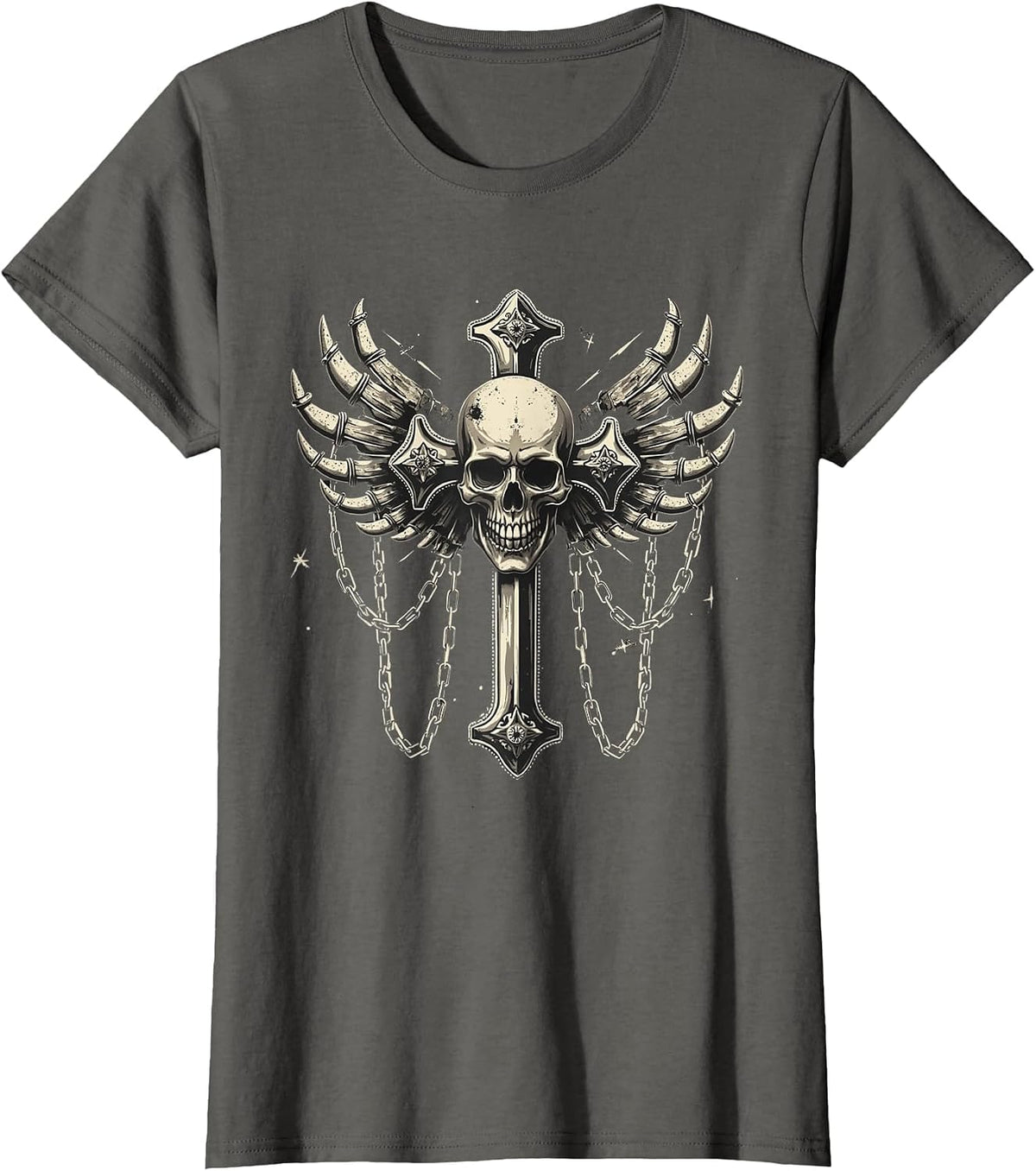 Skull with Silver Cross | Chains | Goth | Emo | y2k | Grunge T-Shirt - Asphalt Grey