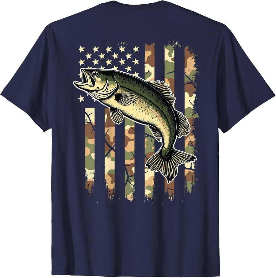 Fishing (on Back) Camouflage USA American Flag Fisherman T-Shirt - Navy Blue