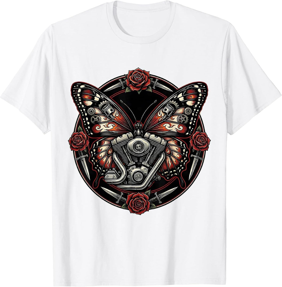 Men's Butterfly Wings Motorcycle Engine Graphic Tee T-Shirt - White