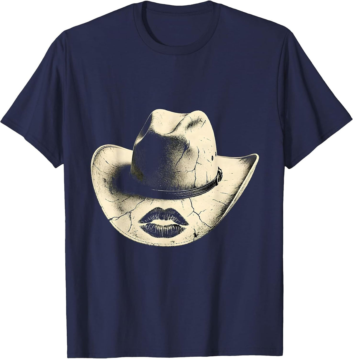 Men's Cowboy Hat Lipstick Kiss Western Graphic Tee T-Shirt - Navy Blue