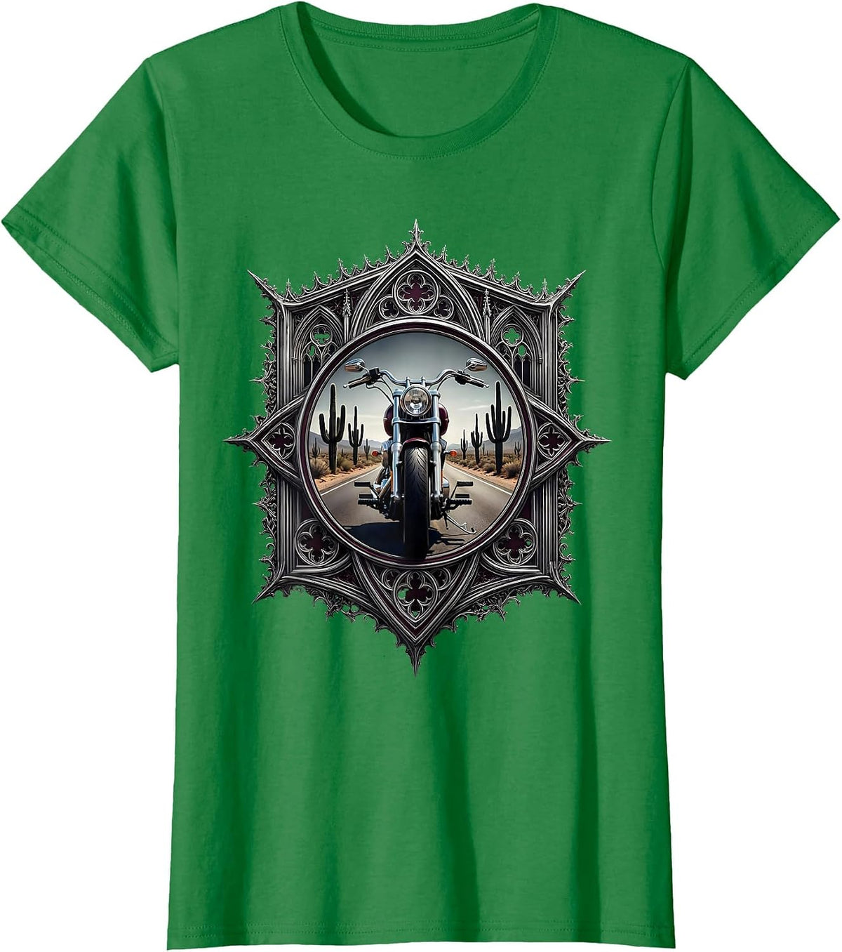 Women's Chopper Motorcycle Desert Highway Graphic T-Shirt - Kelly Green