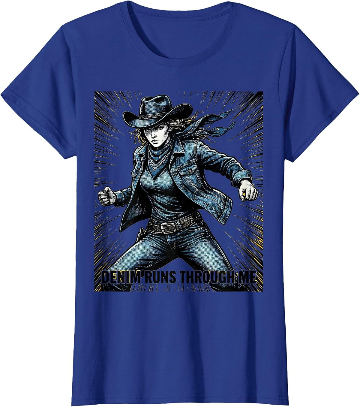 Women's Denim Runs Through Me Western Girls Design T-Shirt - Royal Blue