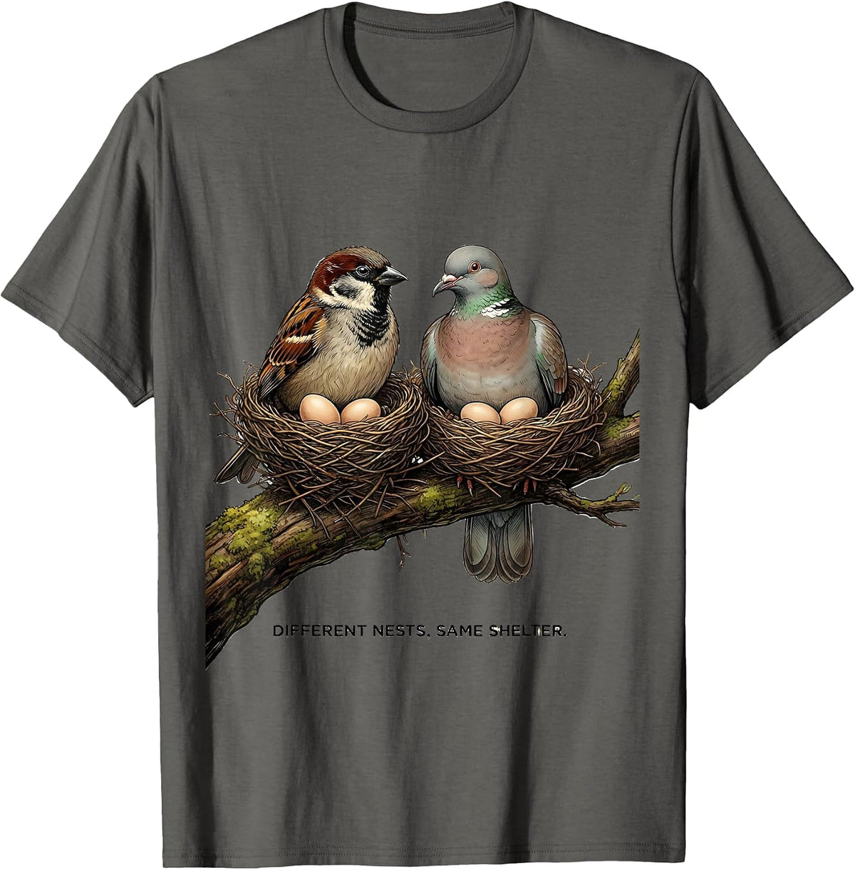 Men's Different Nests, Same Shelter Funny Autistic ADHD Meme Humor T-Shirt - Asphalt Grey