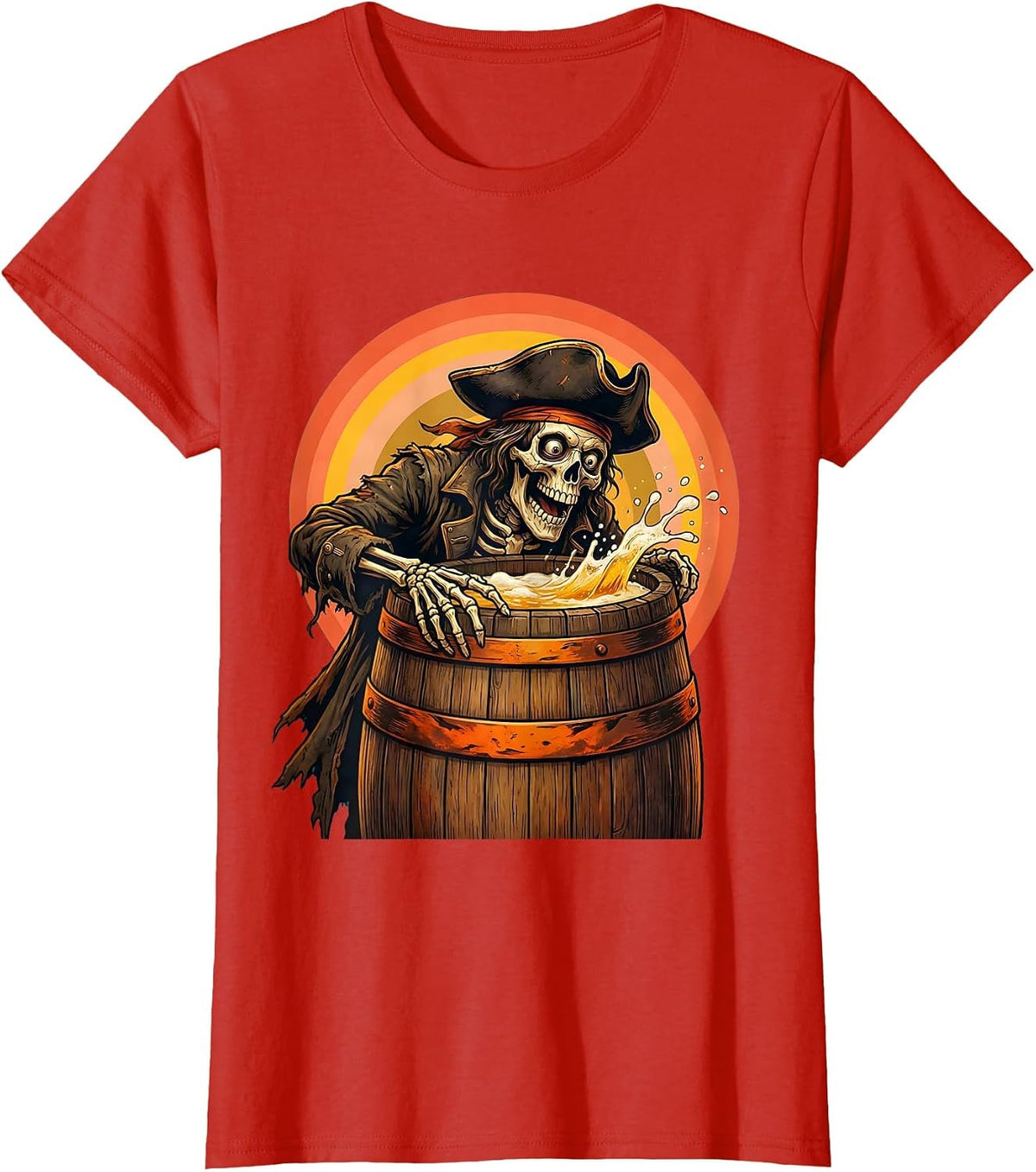 Women's Skeleton Pirate Beer Barrel Discovery Graphic T-Shirt - Red