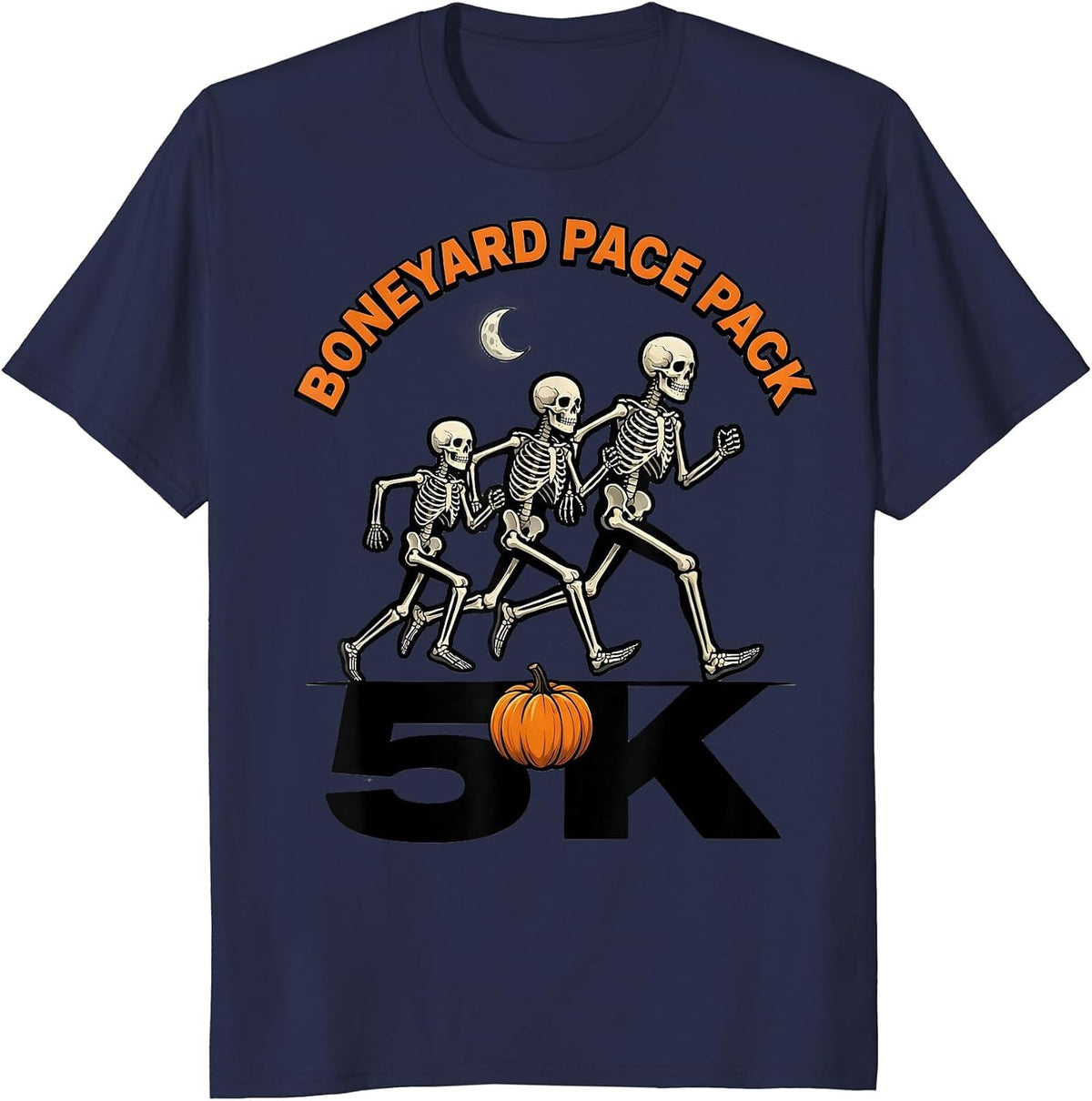 Men's Boneyard Pace Pack 5K Funny Halloween Skeleton Runner Race T-Shirt - Navy Blue