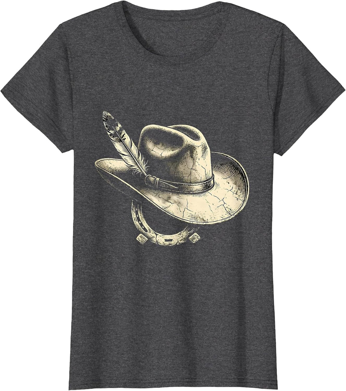Women's Cowgirl Hat Feather and Horseshoe Graphic T-Shirt - Dark Heather Grey