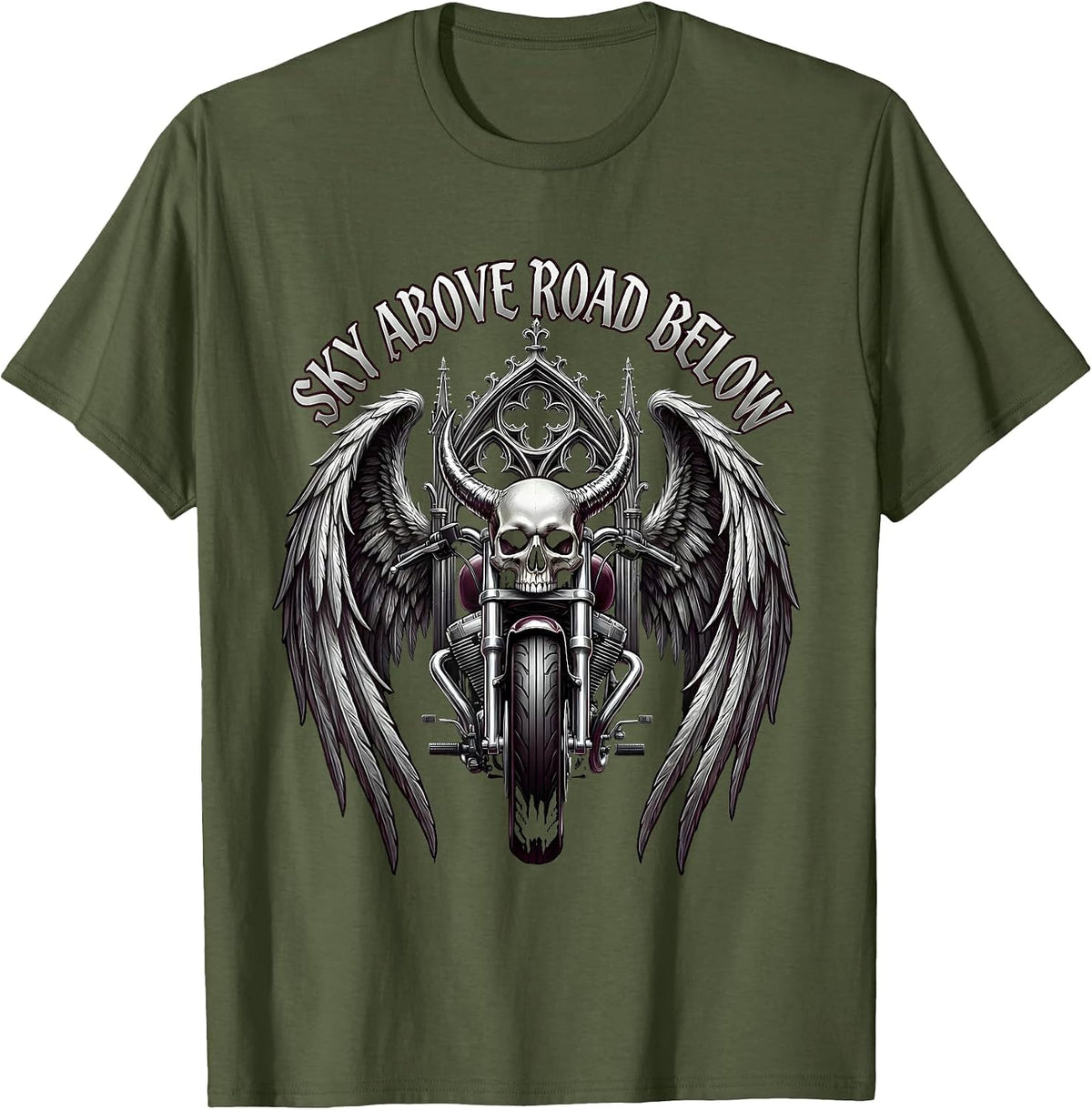 Sky Above Road Below Motorcycle Design T-Shirt - Olive Green