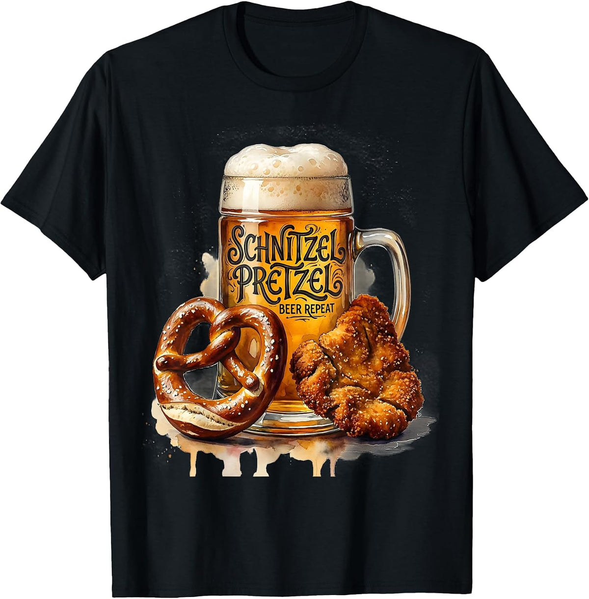 Men's Schnitzel Pretzel Beer Repeat Oktoberfest Design T-Shirt - Black