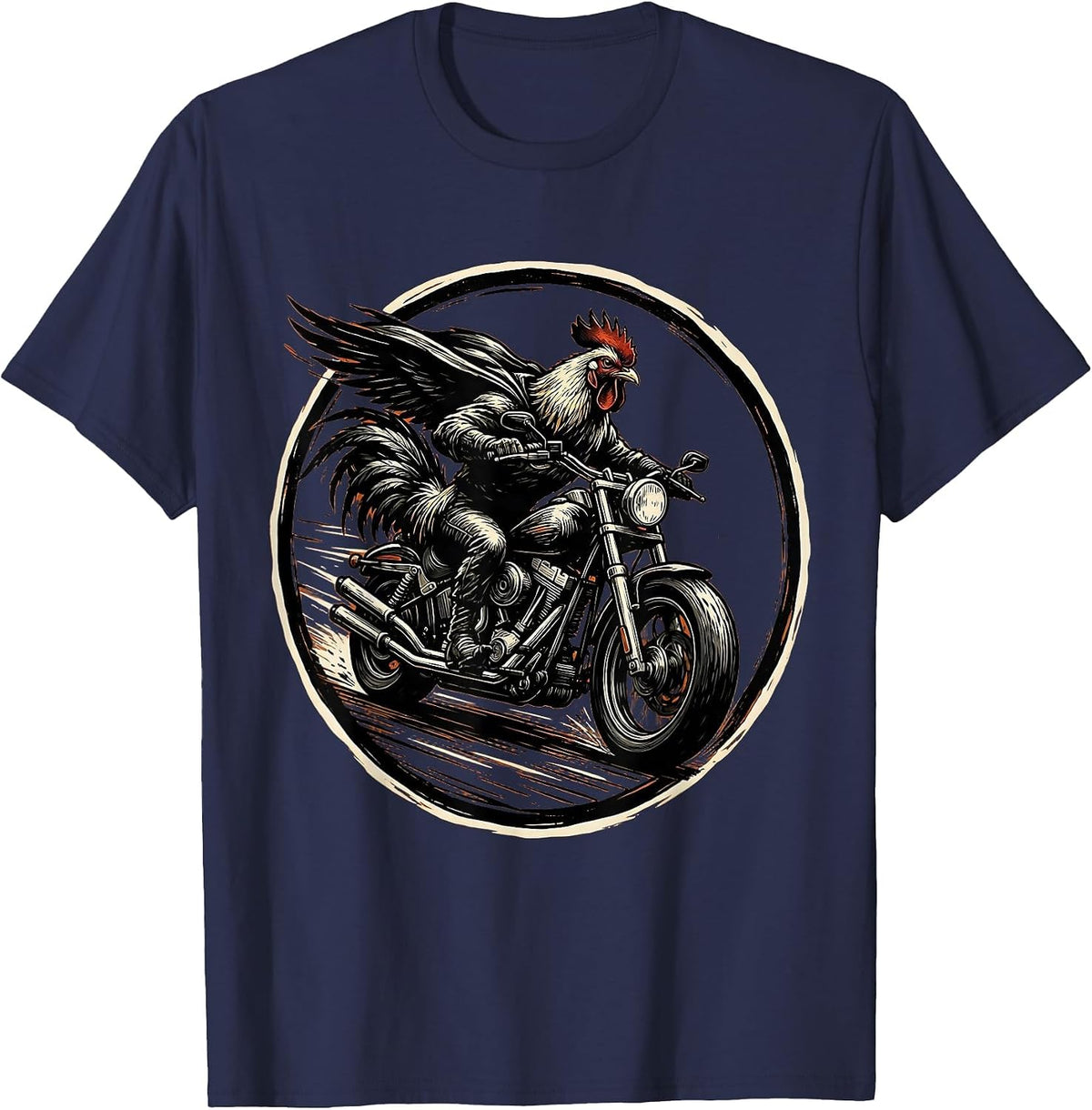 Chicken Riding Motorcycle Full Speed Biker T-Shirt - Navy Blue