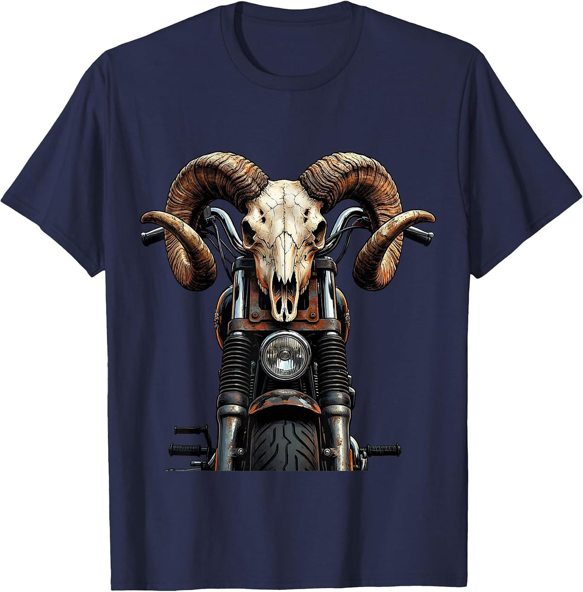Ram Skull Motorcycle Handlebars Biker Graphic T-Shirt - Navy Blue