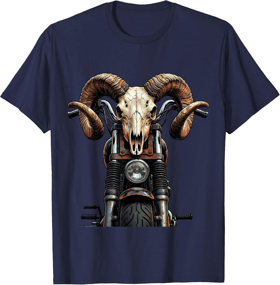 Ram Skull Motorcycle Handlebars Biker Graphic T-Shirt - Navy Blue