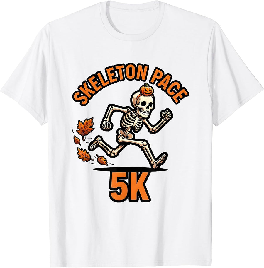 Men's Skeleton Pace 5K Funny Halloween Running Costume Race Day T-Shirt - White