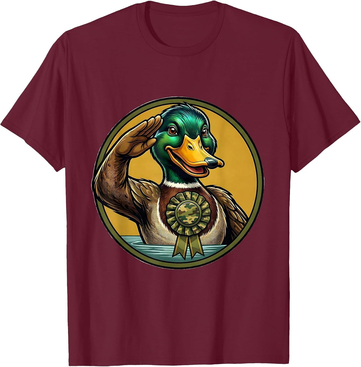 Men's Mallard Duck Camo Hunting Retro Mascot Badge Vintage T-Shirt - Burgundy