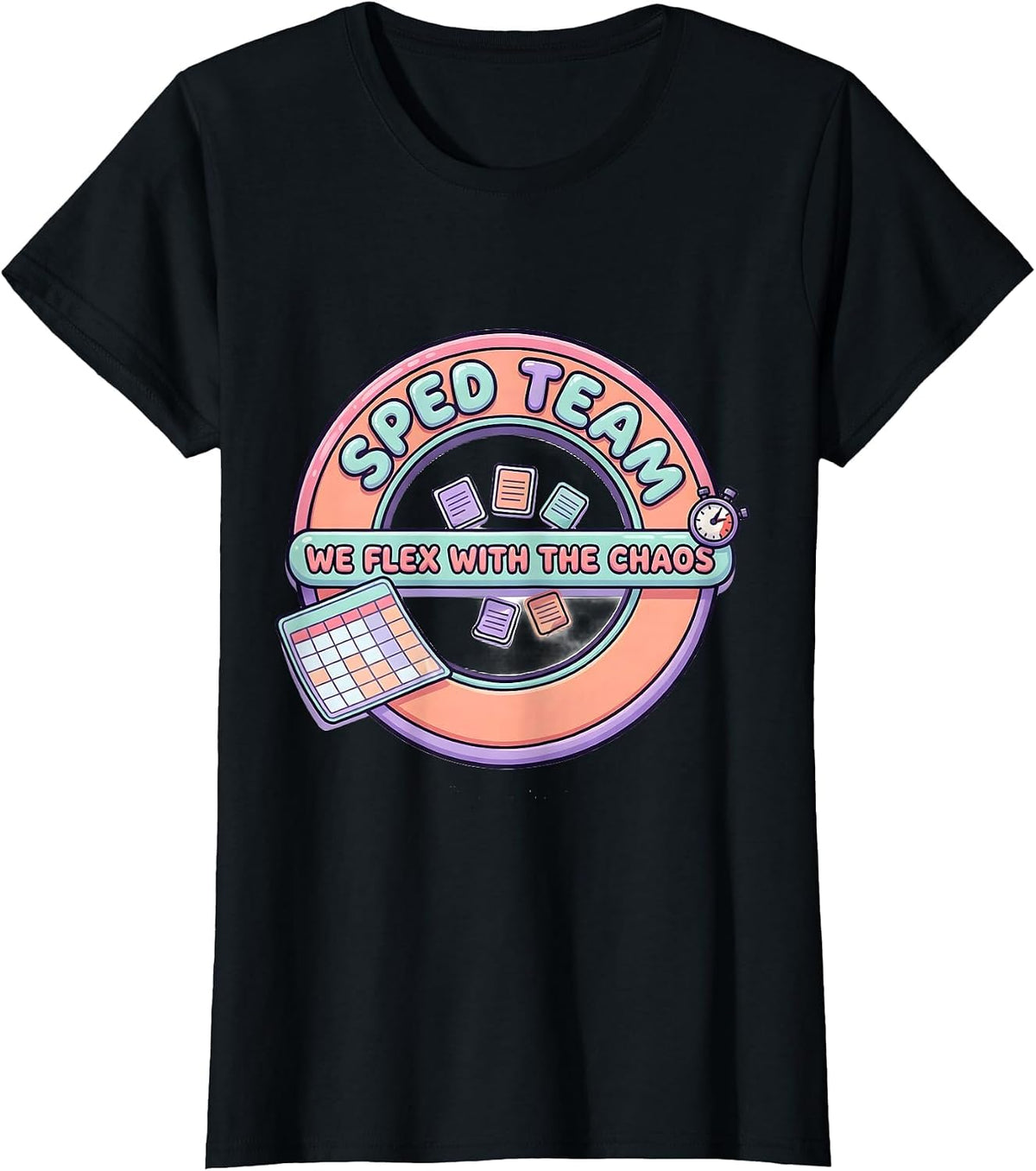 Women's SPED Team We Flex With The Chaos Cute Kawaii Teacher Humor T-Shirt - Black