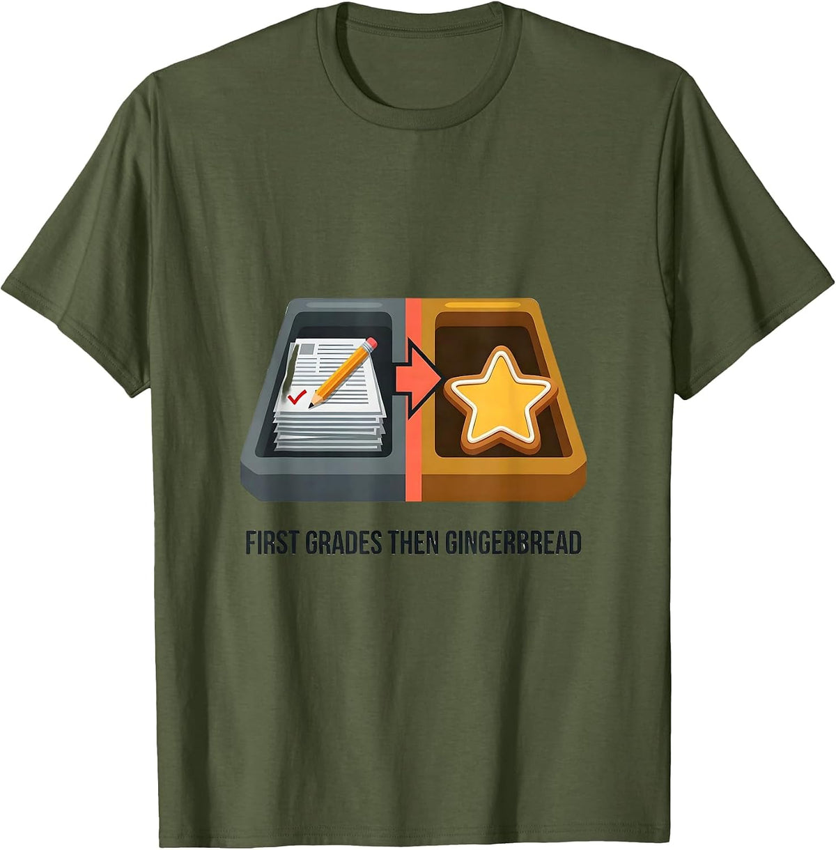 Men's First Grades Then Gingerbread Funny Teacher Christmas Break T-Shirt - Olive Green