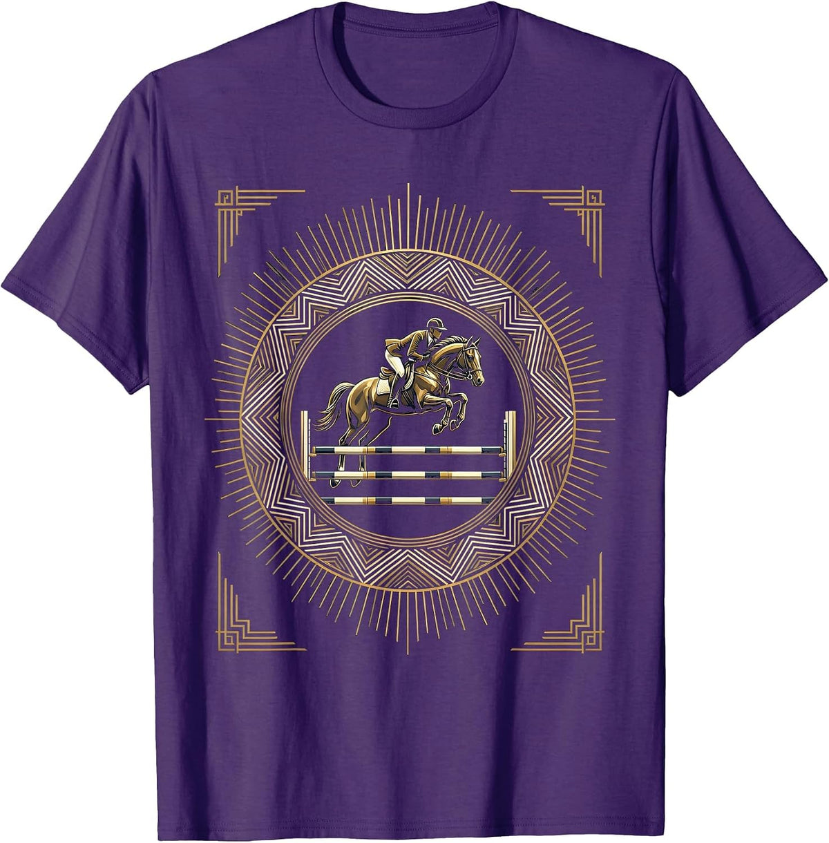Show Jumper Mid-Air Over Striped Rail Graphic T-Shirt - Purple