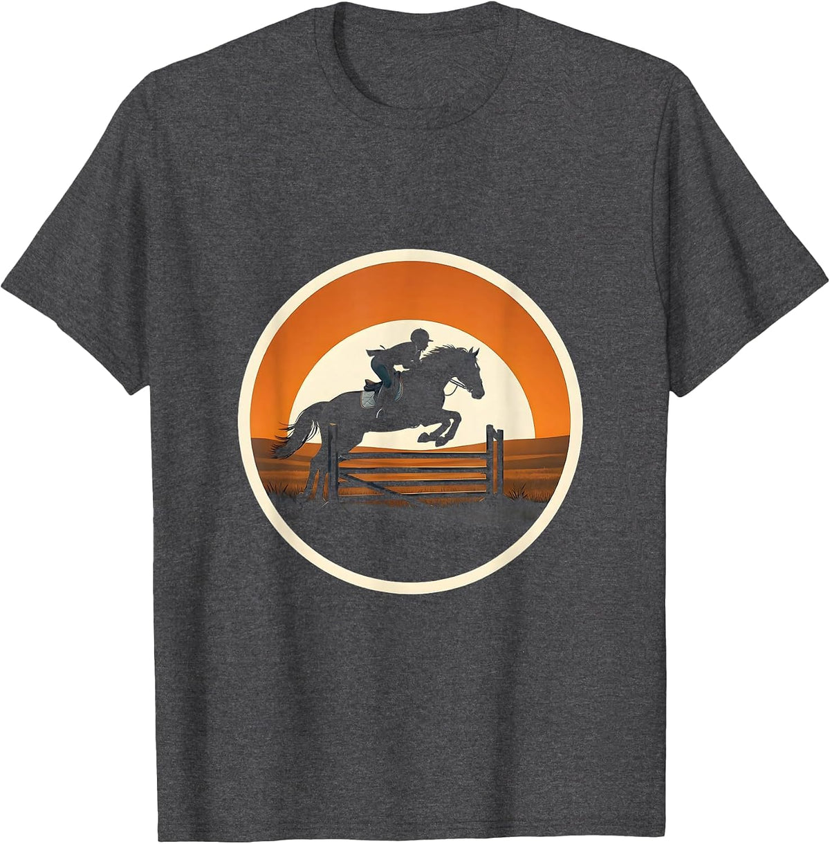 Show Jumper Soaring Over Fence Rails Equestrian T-Shirt - Dark Heather Grey