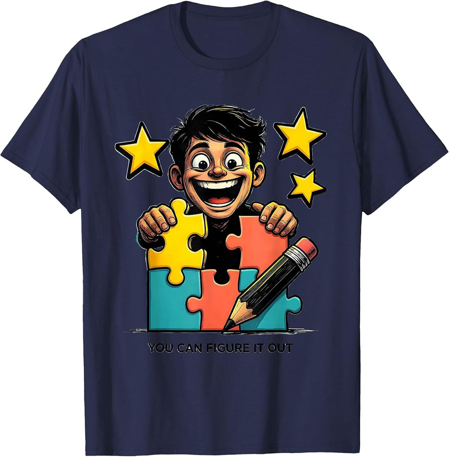 You Can Figure It Out Cartoon Teacher Motivational Classroom T-Shirt - Navy Blue