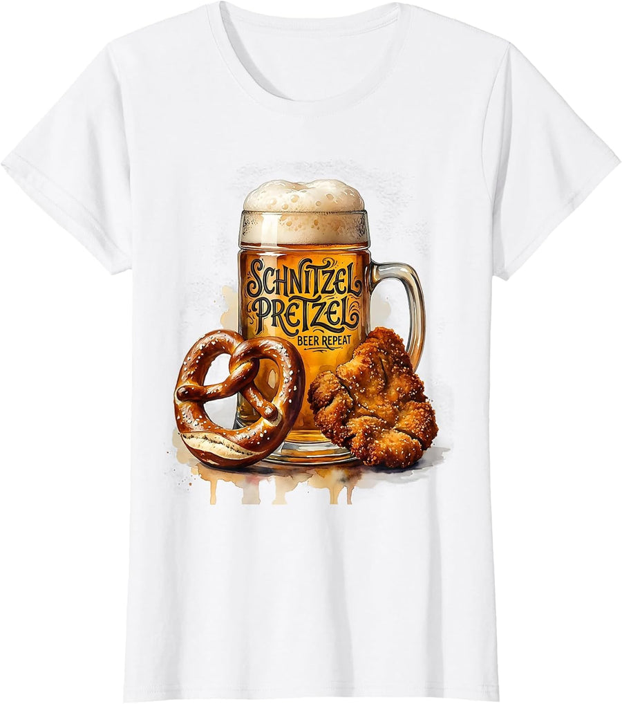 Women's Schnitzel Pretzel Beer Repeat Oktoberfest Design T-Shirt - White