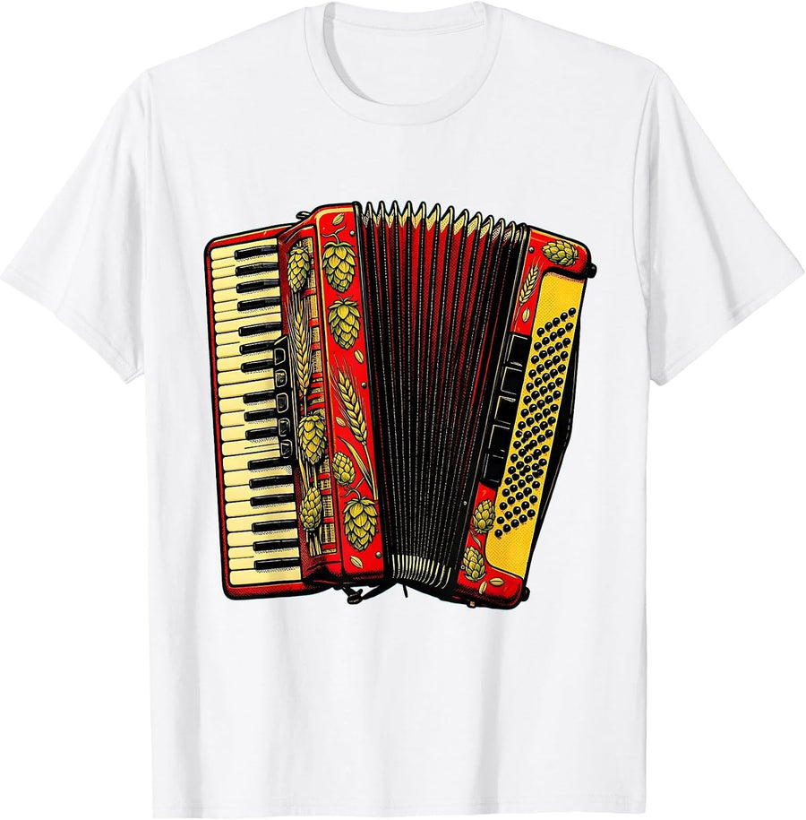 Men's Oktoberfest Accordion Hops and Barley Illustration T-Shirt - White