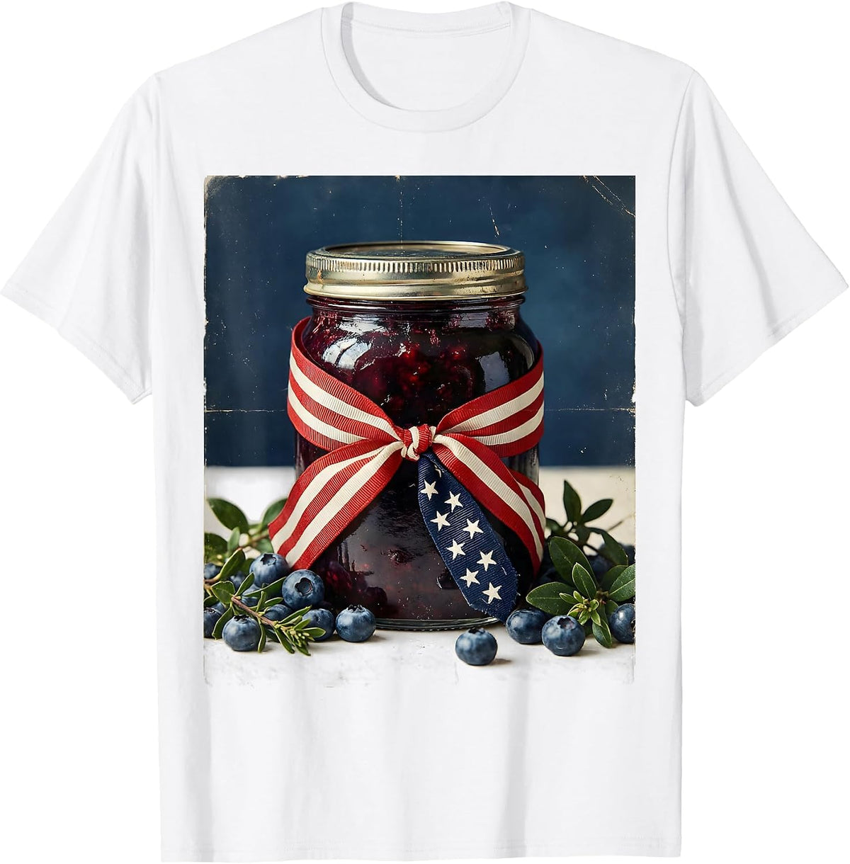 Red White and Blueberries Jam Jar Flag Ribbon T-Shirt, Men, White, 3X-Large - As Pictured