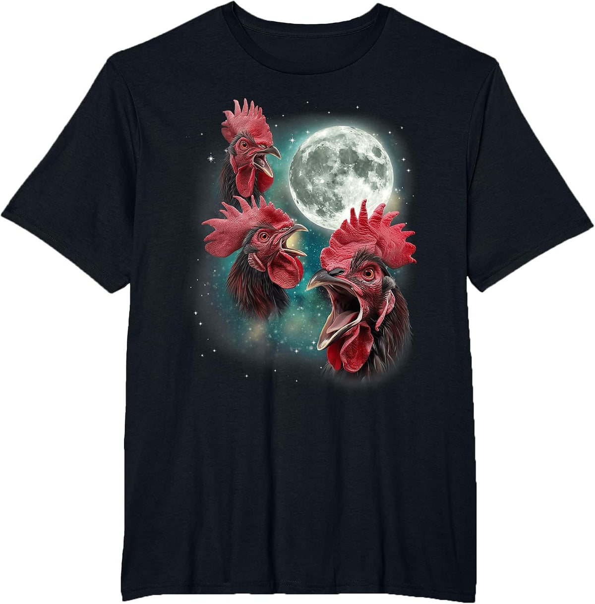 Three Rooster Moon | 3 Chickens Cluck At Moon Cursed Farm T-Shirt - Black