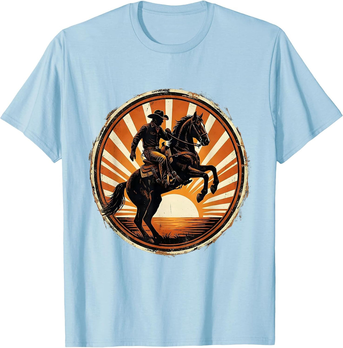 Men's Cowboy Silhouette Sunset Horseback Riding Design T-Shirt - Baby Blue