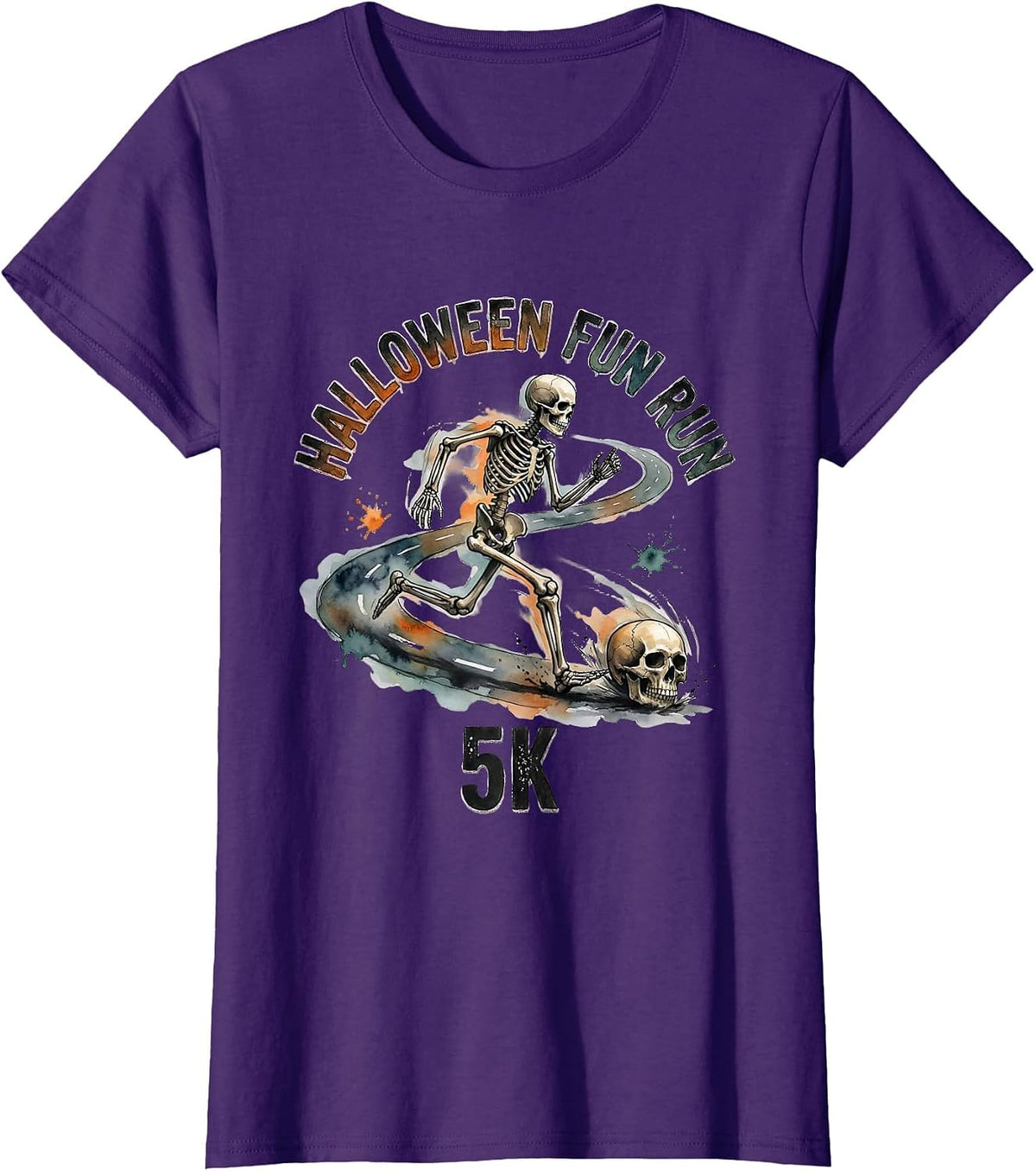 Women's Halloween Fun Run 5K Funny Skeleton Runner Watercolor T-Shirt - Purple