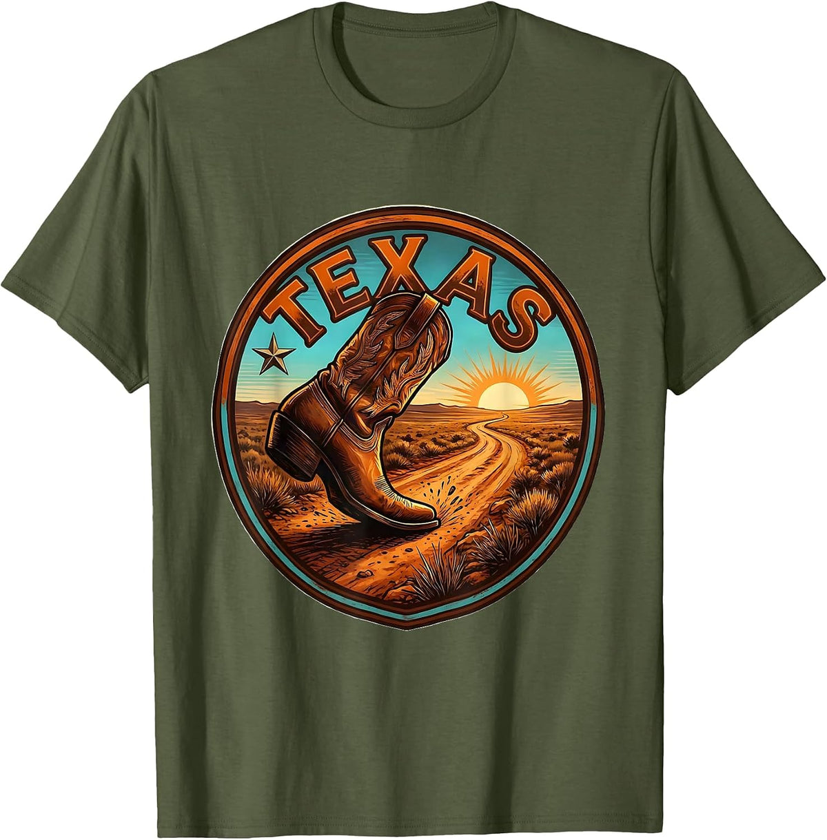 Texas Western State Pride Cowboy Boot Badge T-Shirt - Olive Green