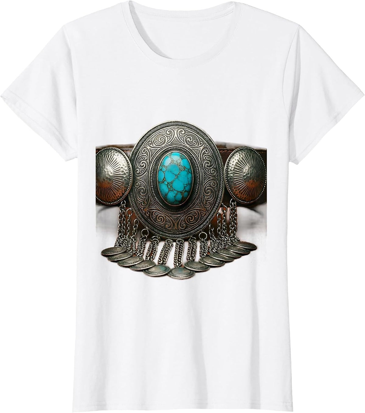 Women's Turquoise Silver Concho Belt Buckle Western Art T-Shirt - White