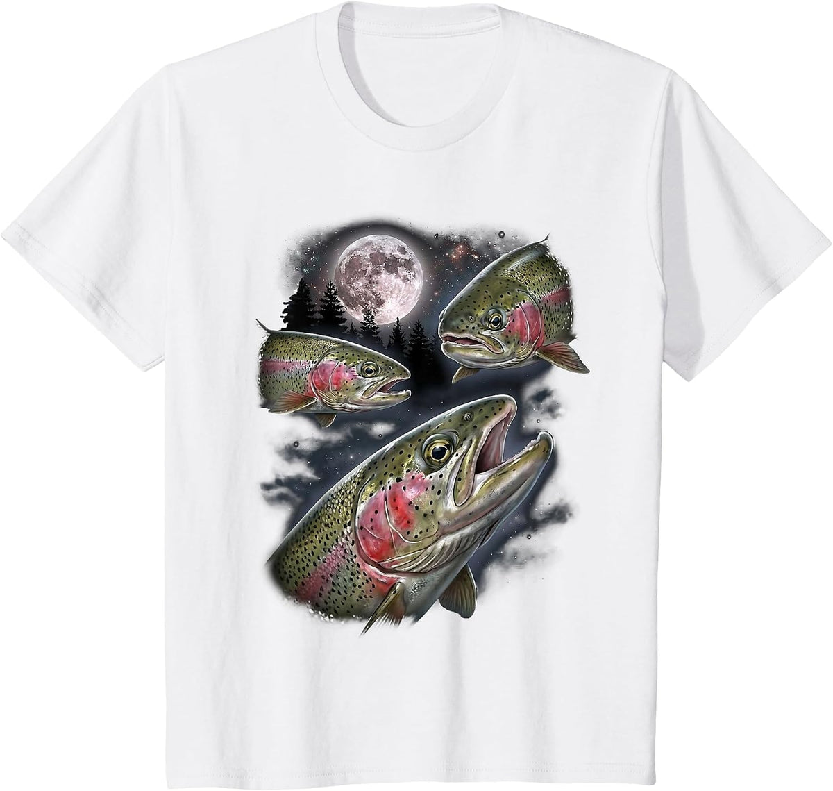 Rainbow Trout Fisherman Howling Moon Design Vintage Fishing T-Shirt - White
