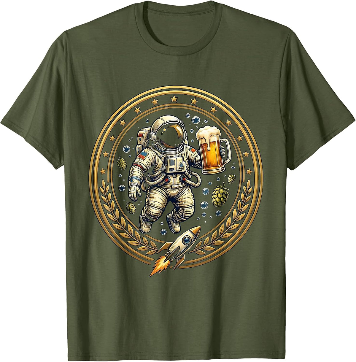 Astronaut Floating With Beer Mug in Space T-Shirt - Olive Green