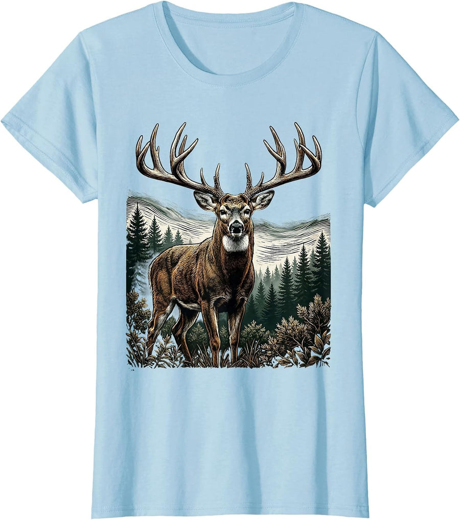 Women's Whitetail Buck Misty Woods Camo Deer Illustration T-Shirt - Baby Blue