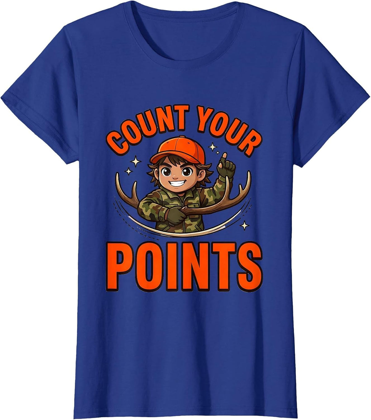 Women's COUNT YOUR POINTS Funny Deer Hunter Hunting Camp T-Shirt - Royal Blue