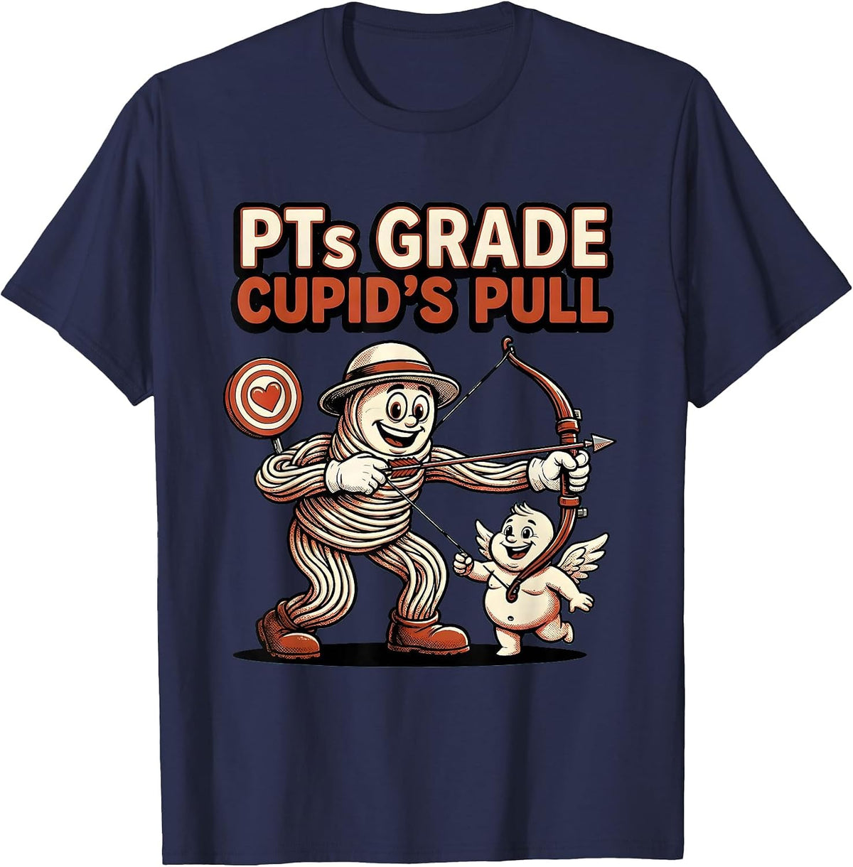 Men's PTs Grade Cupid's Pull Retro Cartoon Physical Therapist T-Shirt - Navy Blue