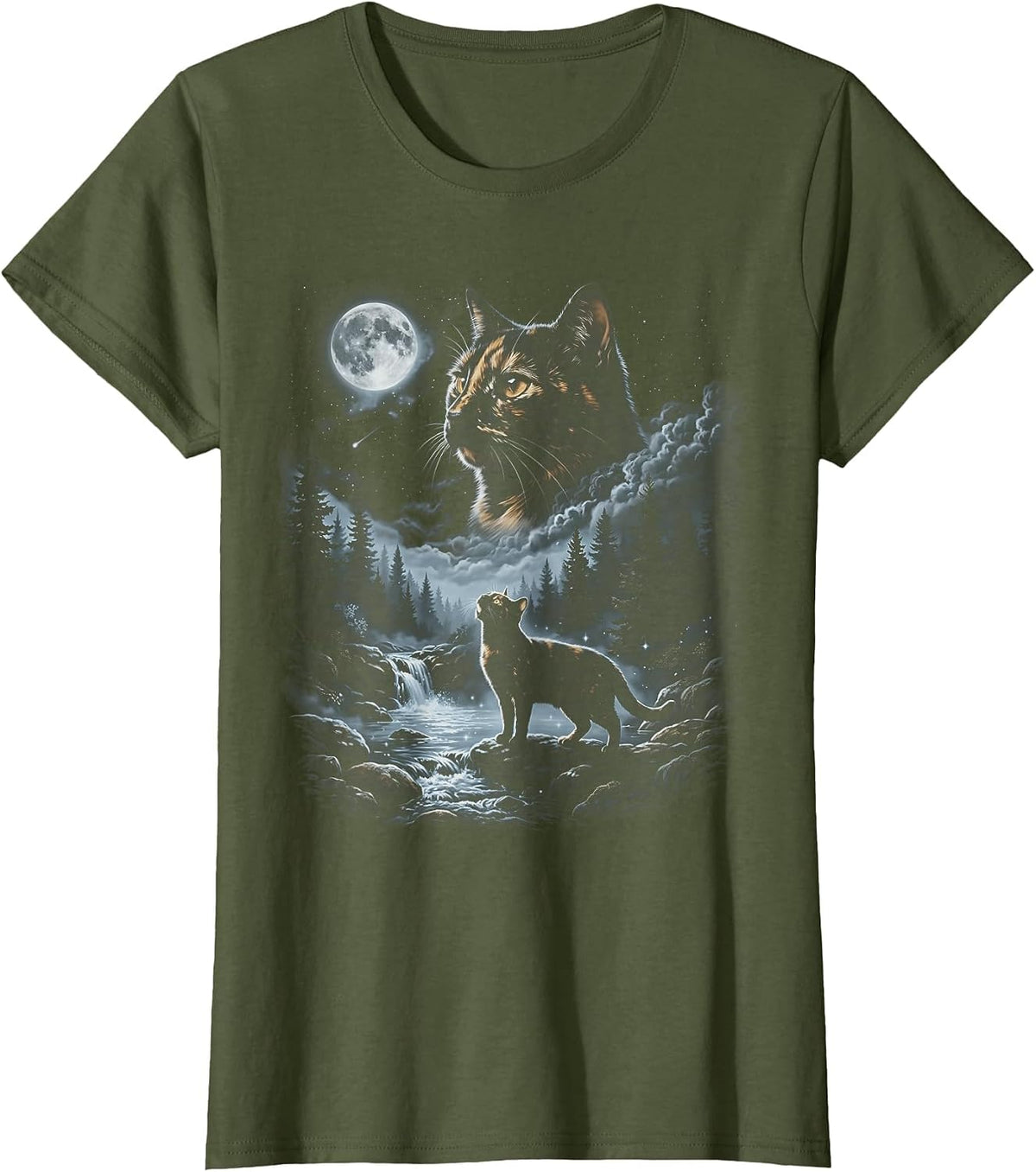 Tortoiseshell Cat Howling to the Moon Vintage Retro T-Shirt - Olive Green