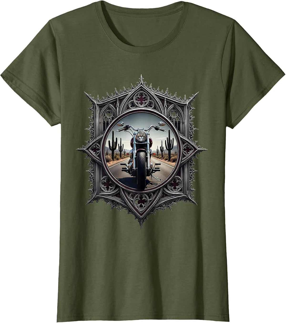 Women's Chopper Motorcycle Desert Highway Graphic T-Shirt - Olive Green