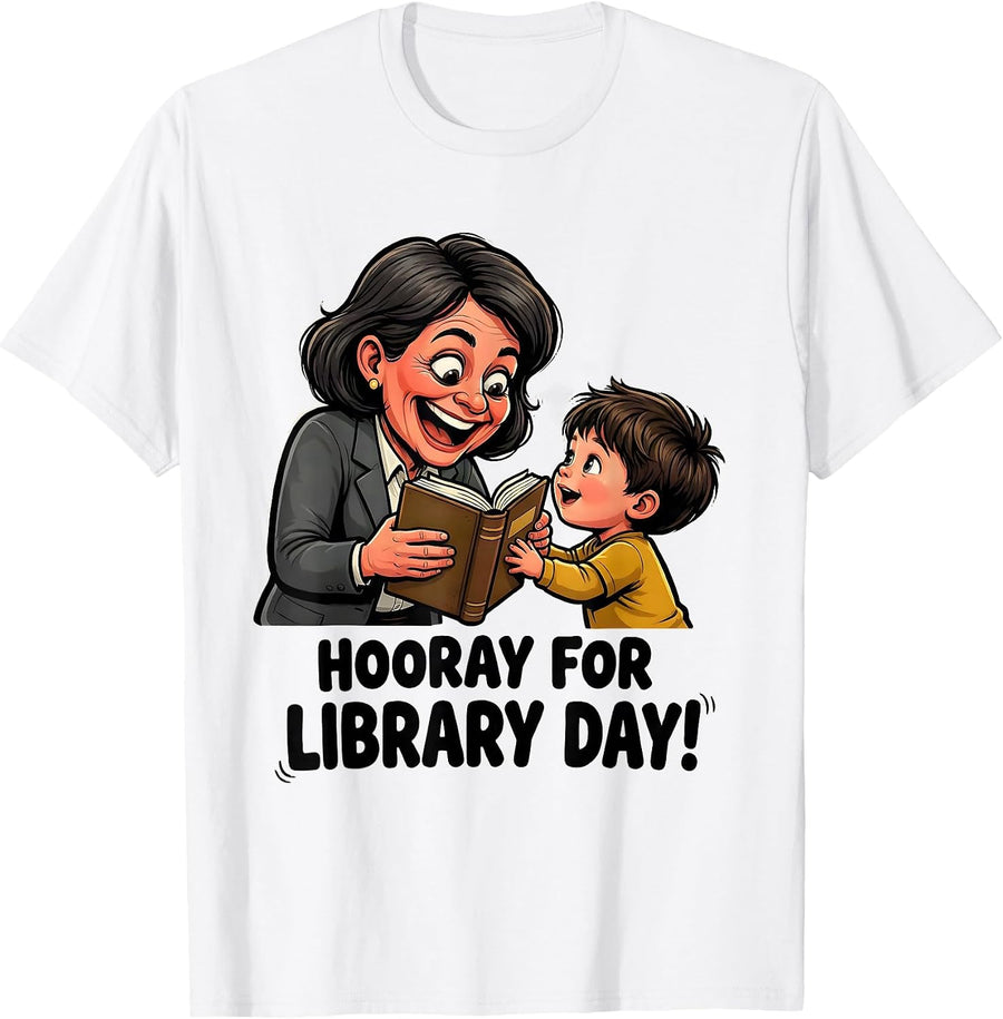 Men's Hooray For Library Day Cartoon Librarian Book Lover School T-Shirt - White