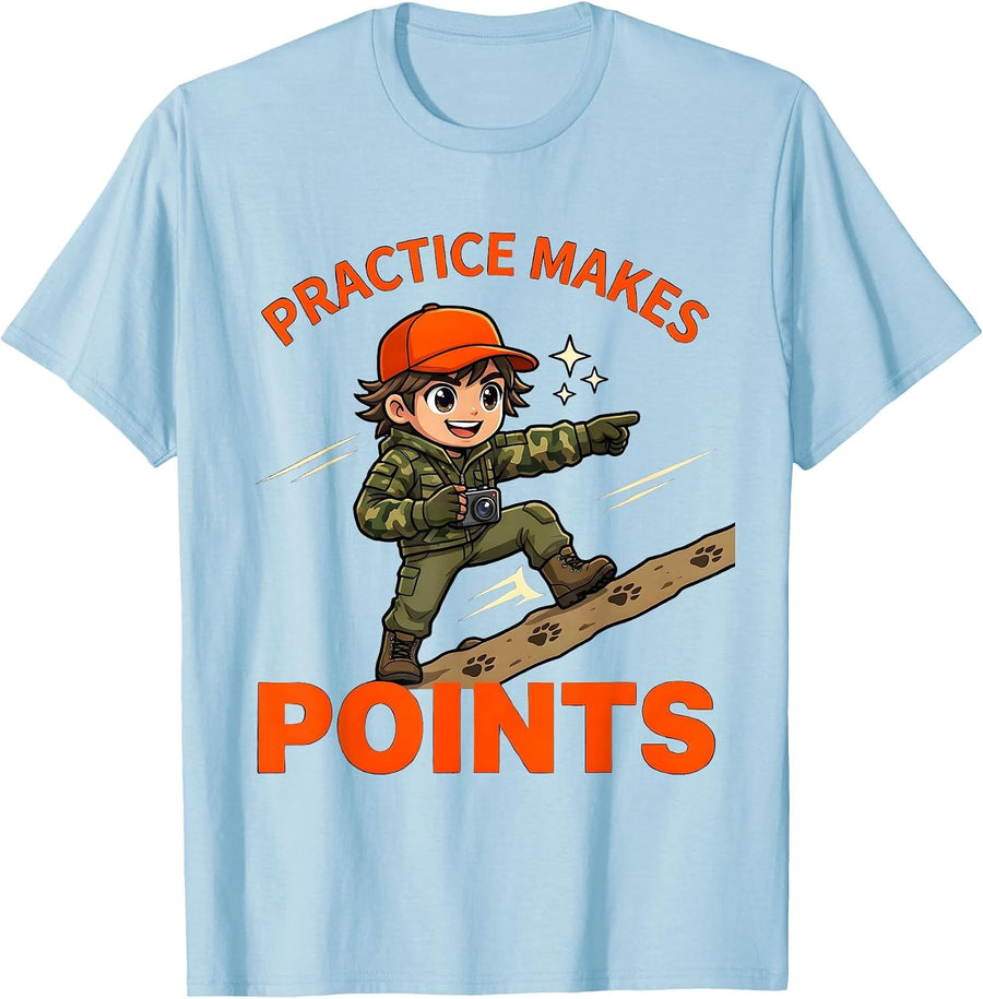 Men's PRACTICE MAKES POINTS Funny Deer Hunter Hunting Camp T-Shirt - Baby Blue