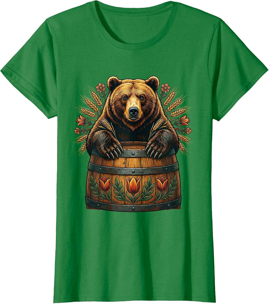 Women's Grizzly Bear Emerging From a Barrel Design T-Shirt - Kelly Green