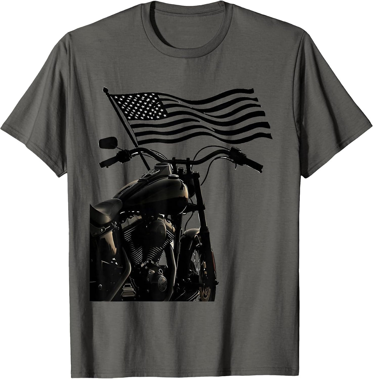 American Flag Vintage Motorcycle Handlebar Graphic T-Shirt - Asphalt Grey