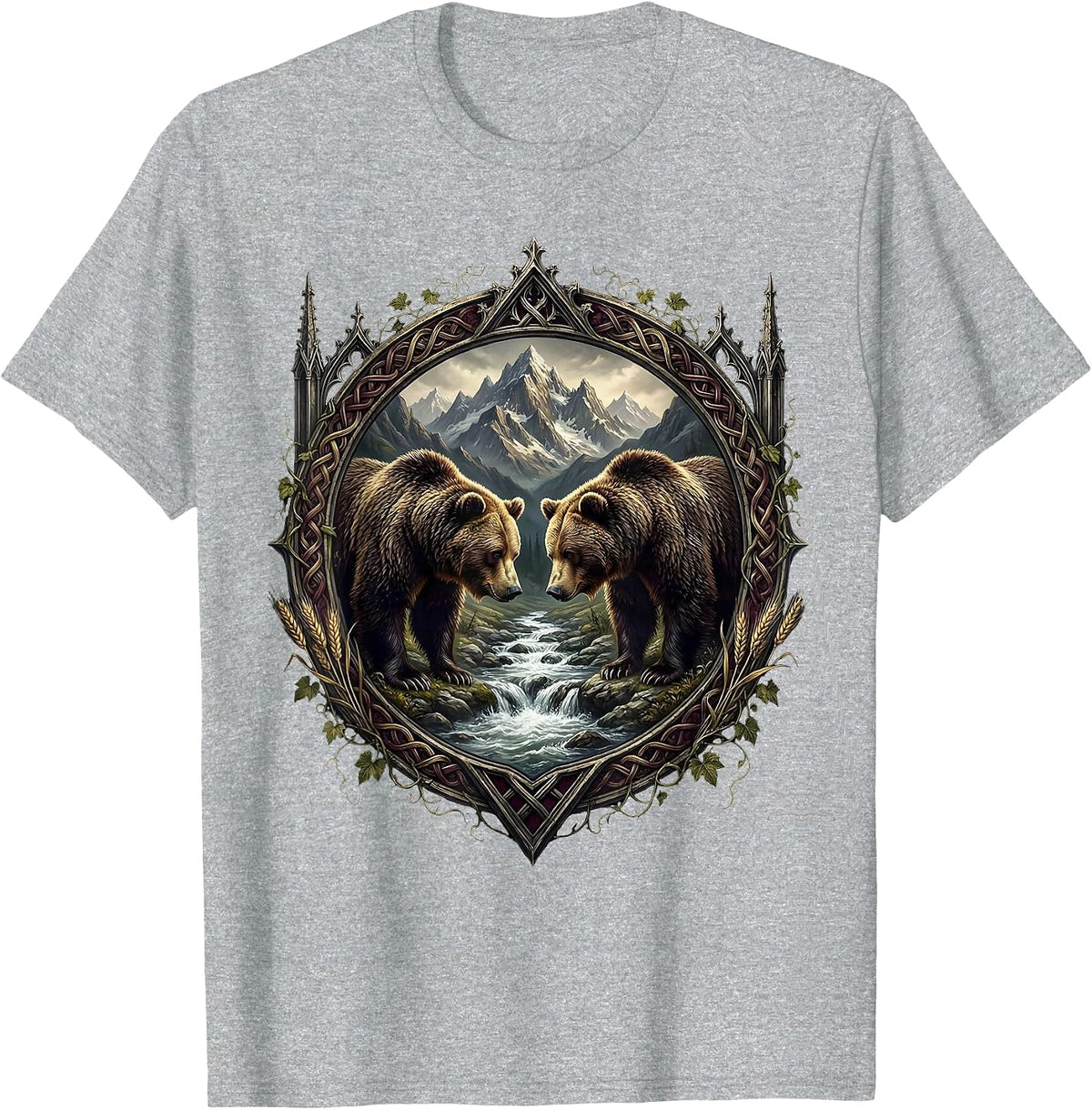 Men's Oktoberfest Bears Mountain Stream Illustration T-Shirt - Heather Grey