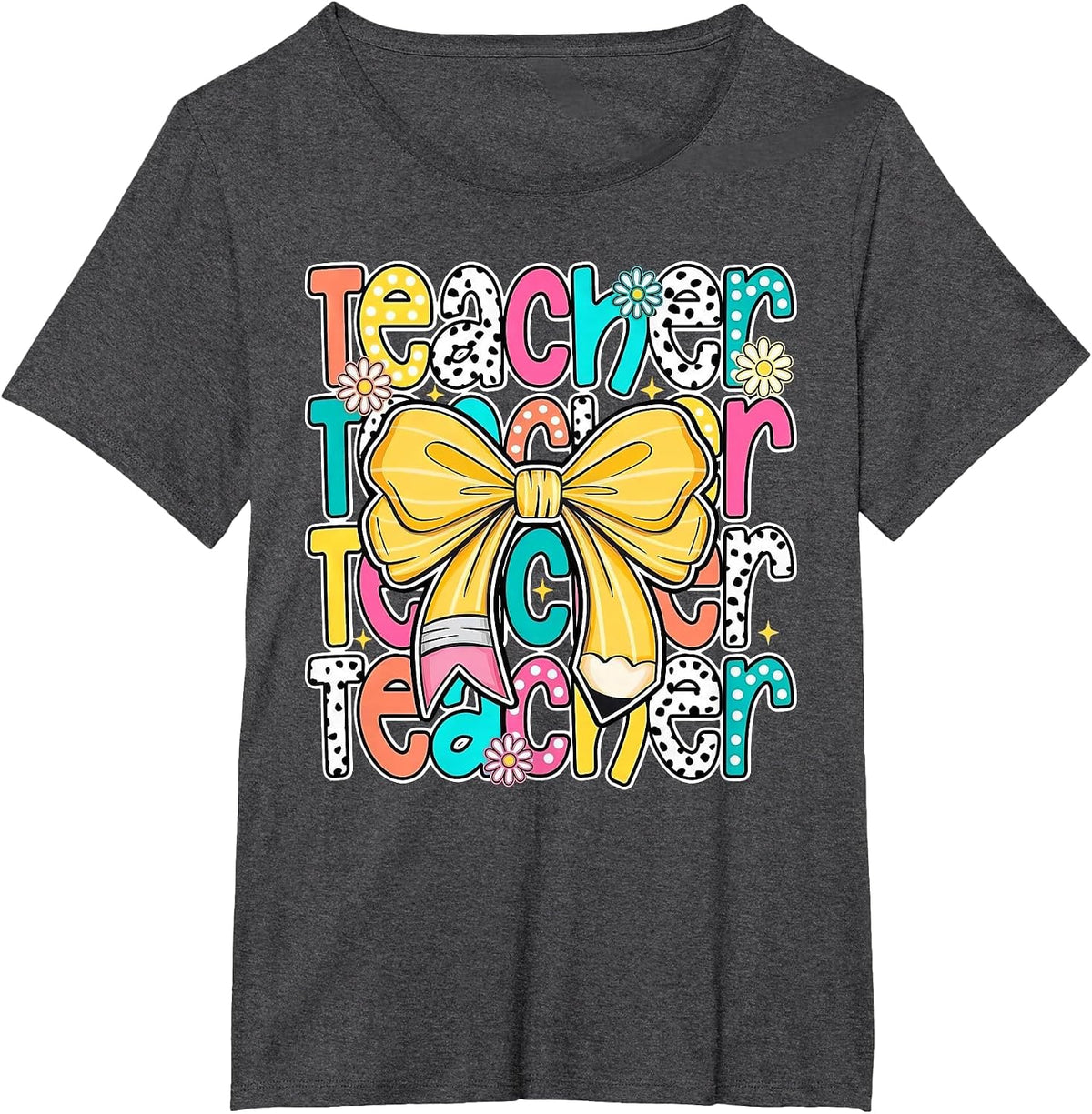 Teacher Pencil Coquette Bow Funny Back to School Teacher T-Shirt - Dark Heather Grey